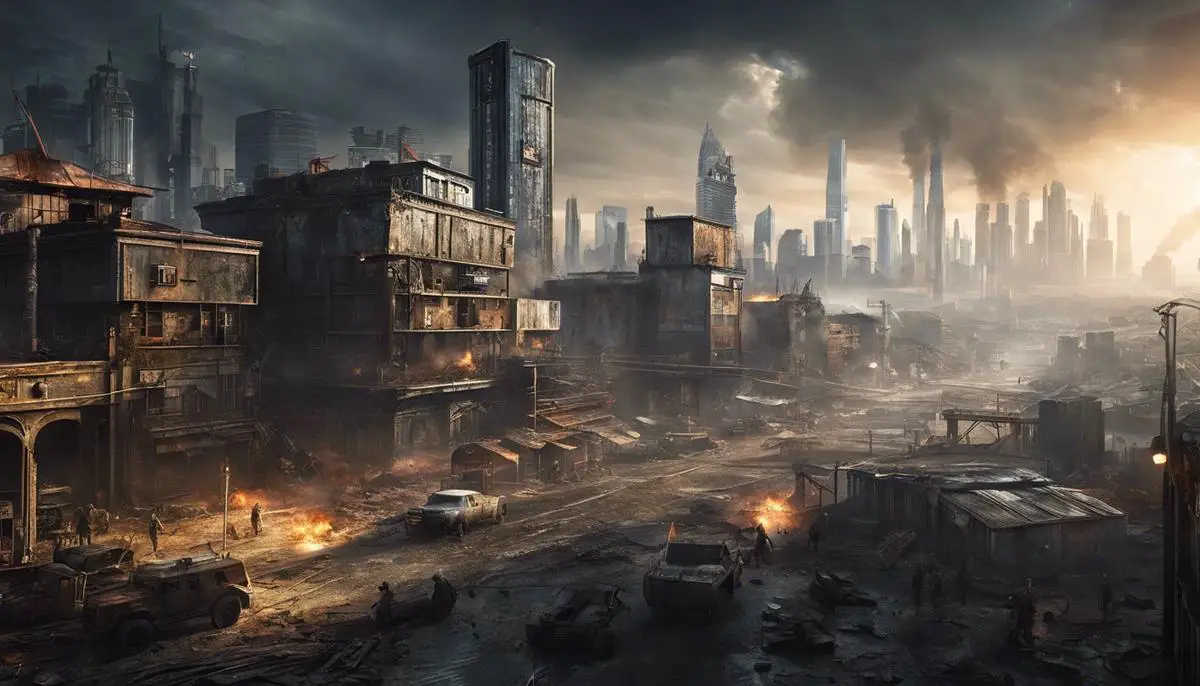 Image of a post-apocalyptic cityscape with factions competing for control