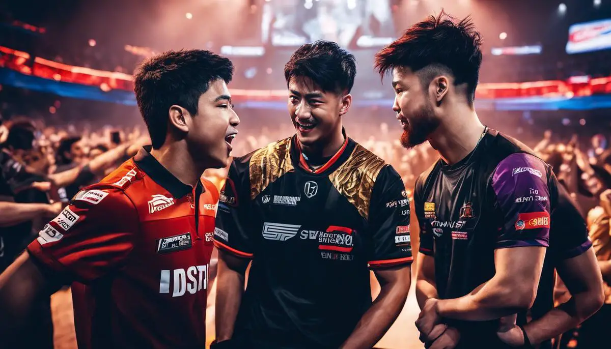 Two esports players facing each other, surrounded by a cheering crowd.