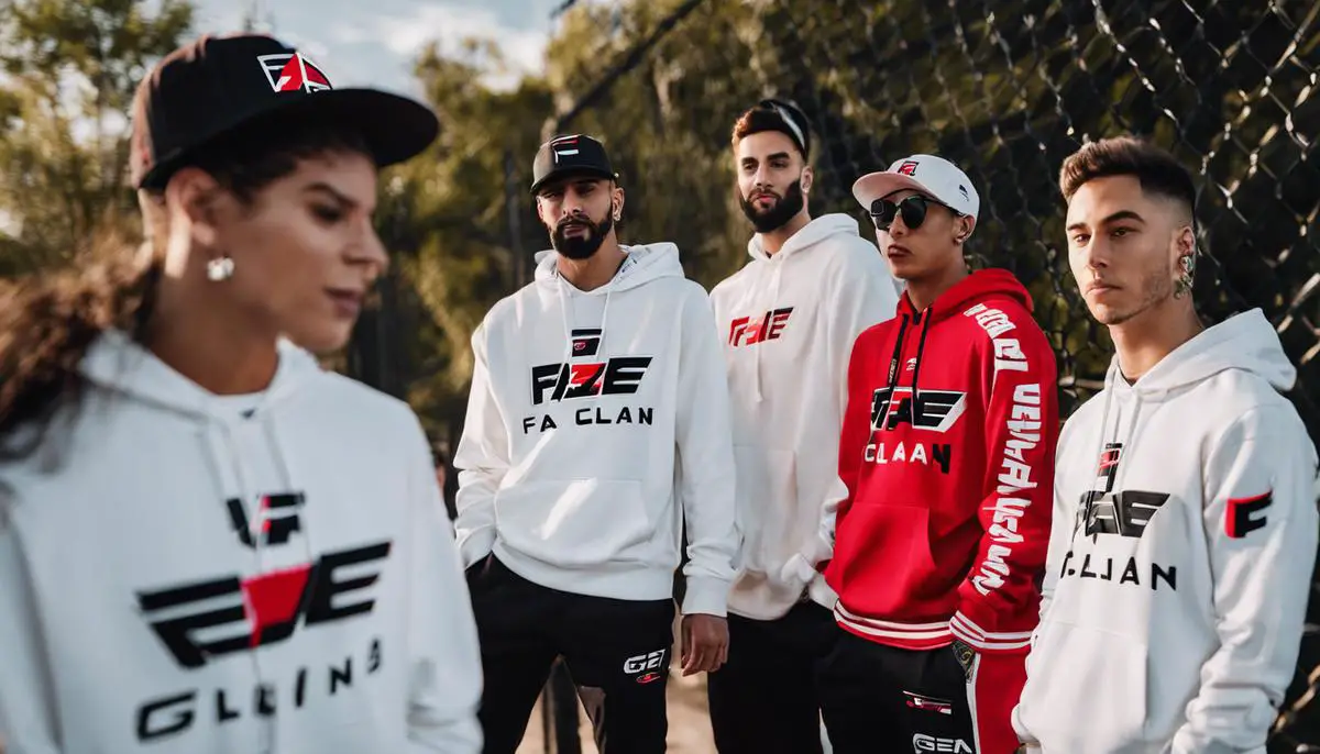 Image description: Several people wearing FaZe Clan and Champion apparel, representing the collaboration between the two brands.