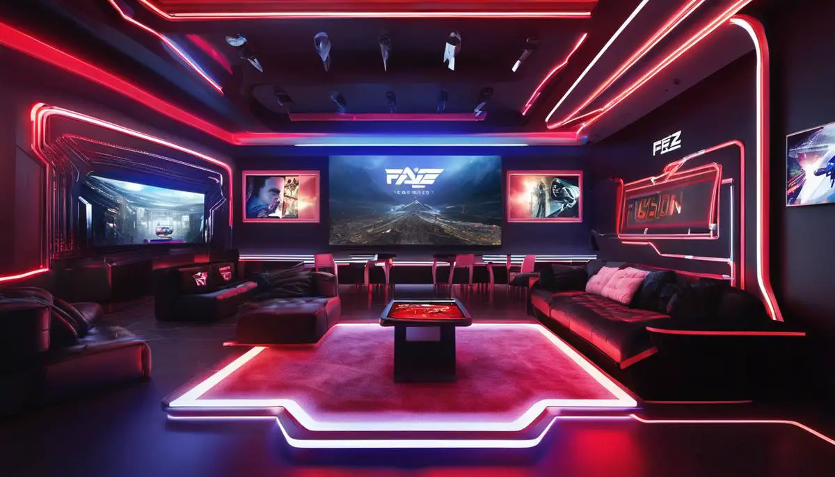 An image depicting the future potential of FaZe Clan, showcasing a fusion of gaming, pop culture, music, and fashion for someone that is visually impaired