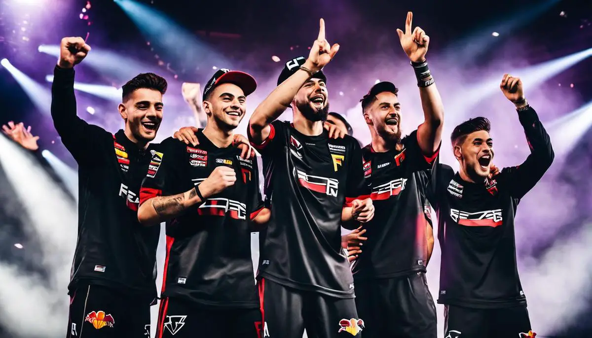 A group of FaZe Clan players celebrating their victory, showing their unity and success.