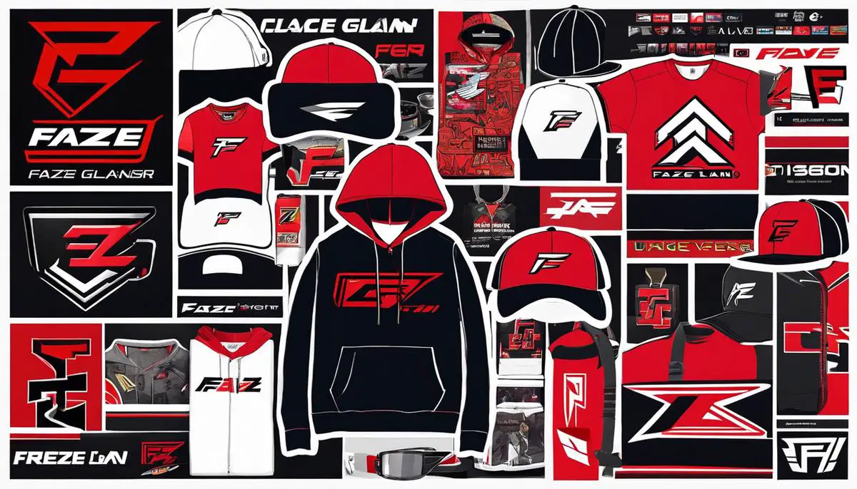 A collage of various FaZe Clan merchandise featuring hoodies, t-shirts, caps, and accessories, representing the gaming fashion culture.