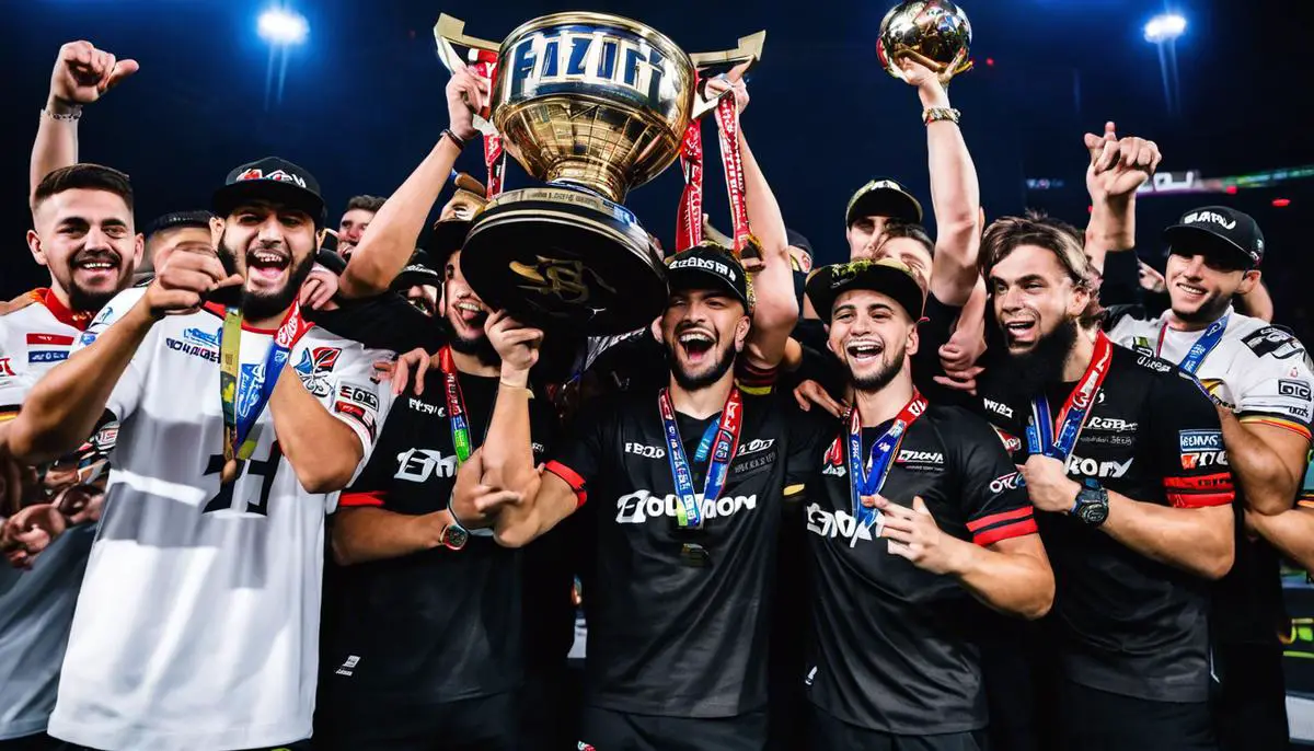 Image of FaZe Clan holding a trophy after a victory in a tournament