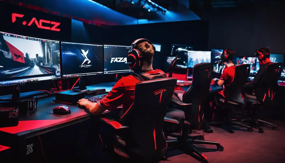 A group of gamers sitting at their computers with intense focus, practicing for a tryout with Faze Clan.