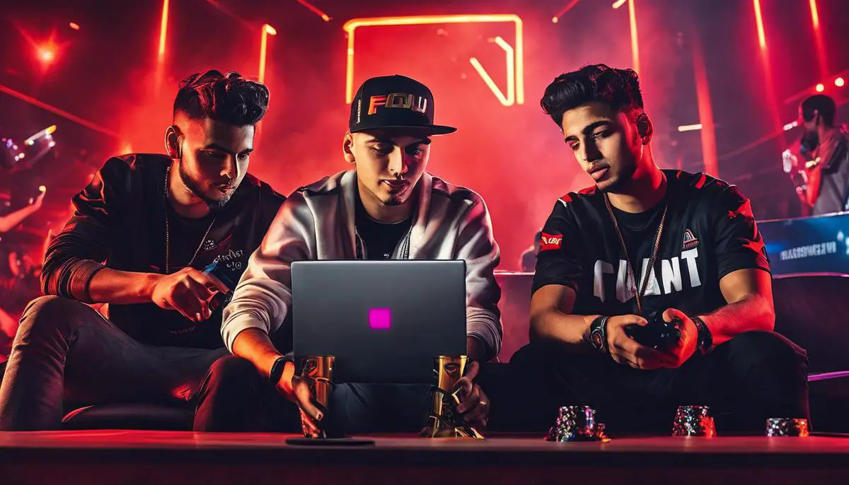Image of FaZe Clan members playing video games and celebrating their success.