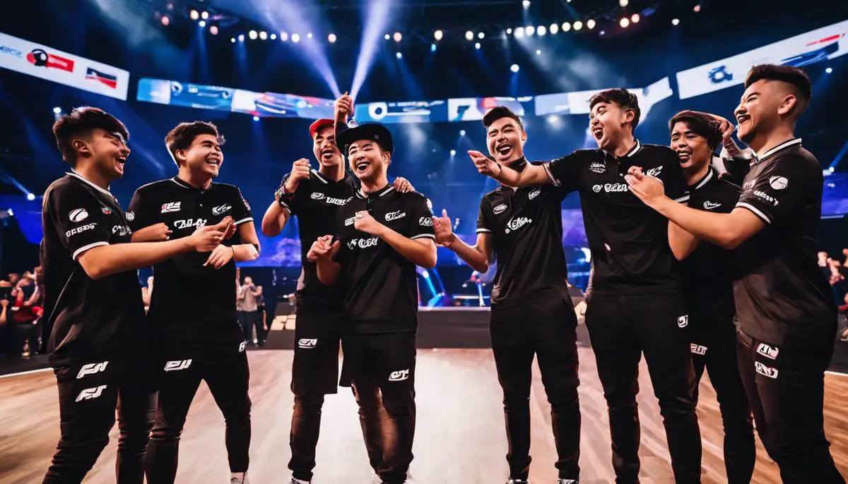 A group of FazeClan esports players celebrating a victory on stage at the competition