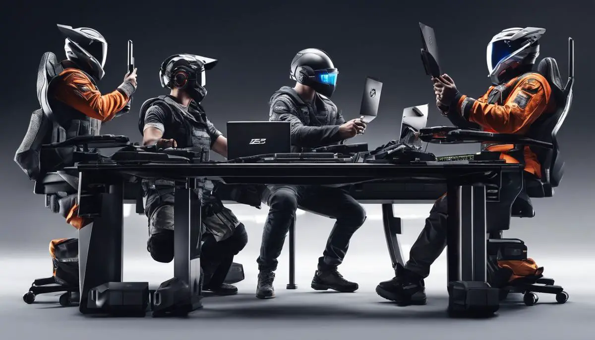 A team of professional gamers playing on high-tech equipment and celebrating their victory.