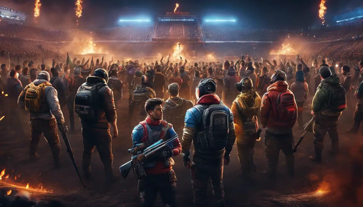 Image of FaZeClan's legacy, showing a group of diverse gamers standing together in unity and determination to achieve victory.