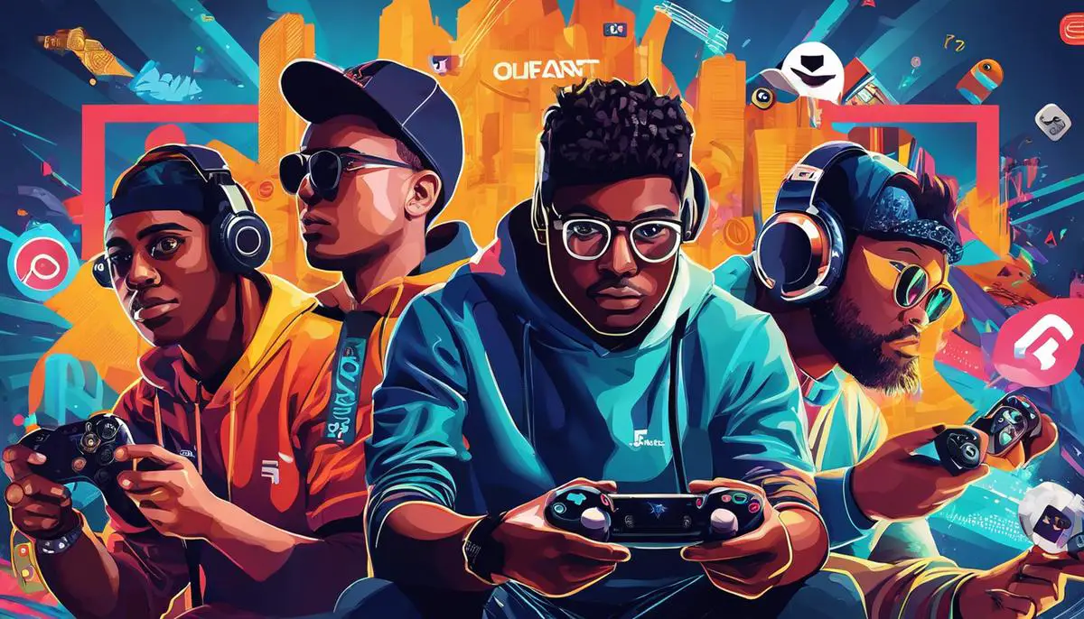 Image description: A visually striking image of FaZeClan members holding gaming controllers, surrounded by graphic elements representing social media platforms.