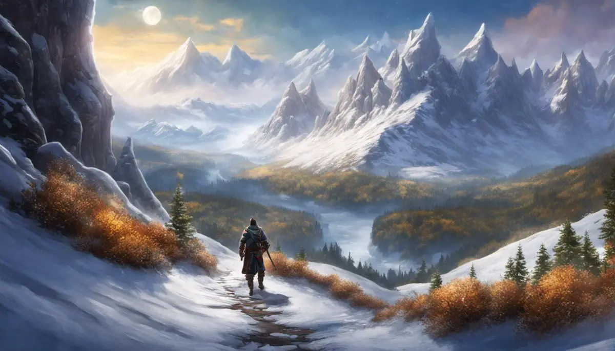 Image depicting a player exploring the snowy mountains of Dragonspine in search of Starglow Cavern.
