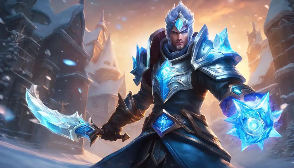 Image of a player equipped with the Frostfire Gauntlet in League of Legends, showcasing its icy effect slowing down enemies.
