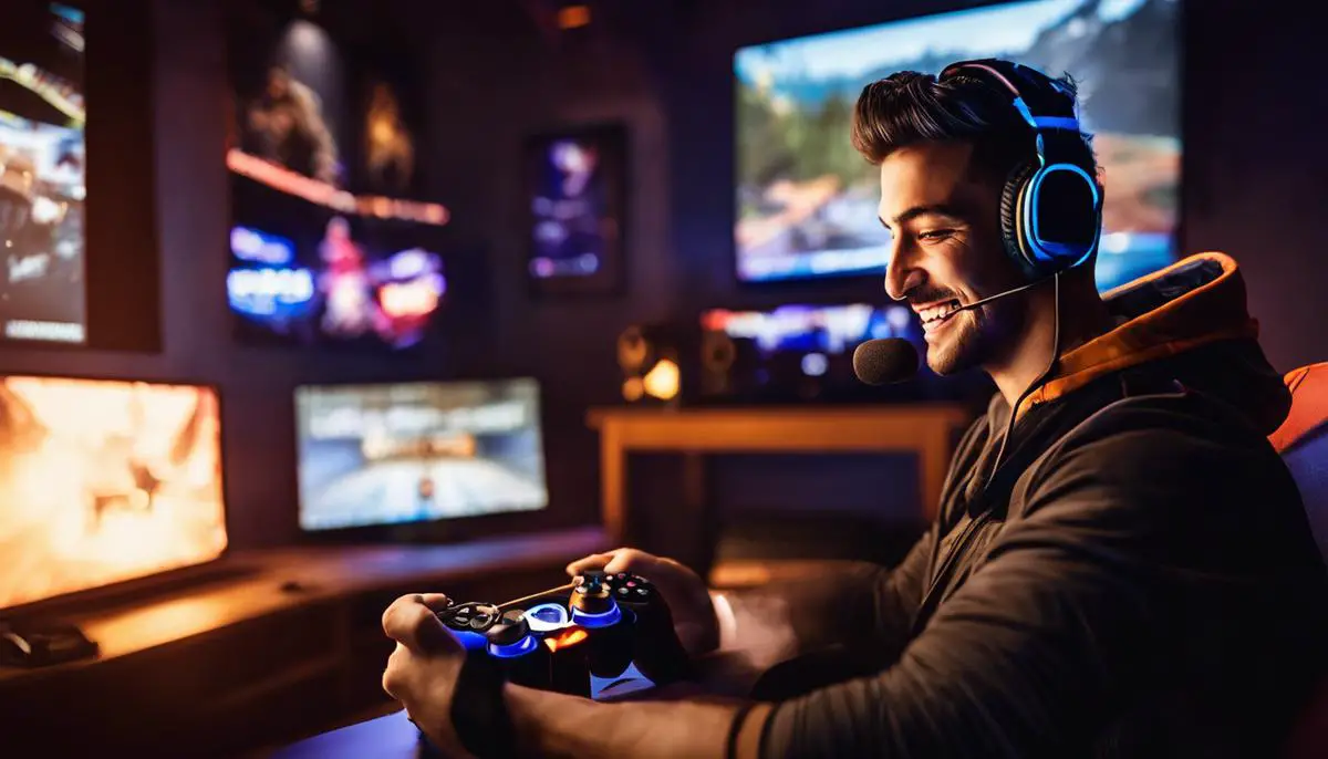 Image of a gamer happily playing a video game, enjoying the new content provided by DLC