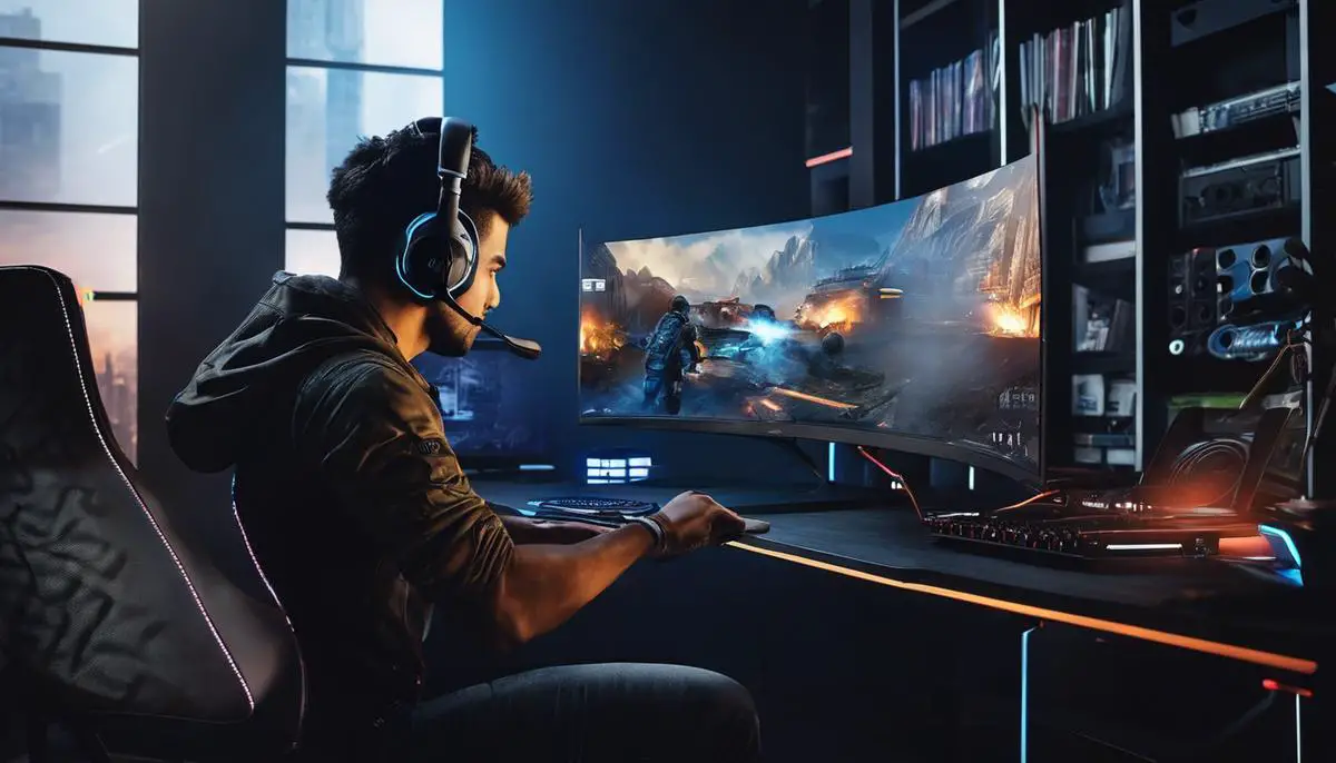 A person sitting in front of a computer, wearing a gaming headset, and playing a video game.