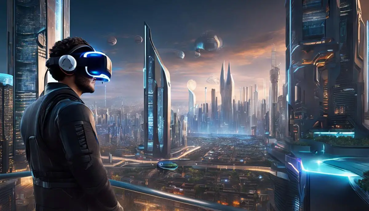 A futuristic cityscape with VR headsets and haptic feedback suits, representing the gaming revolution