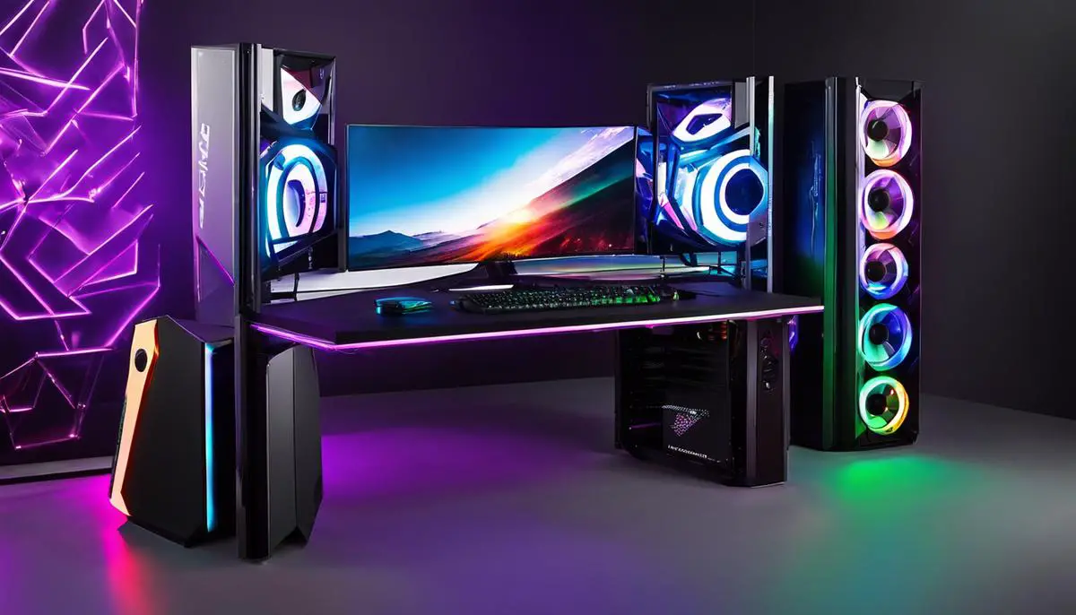 A visually appealing gaming setup with RGB lighting and colorful components in a clear tempered glass case.