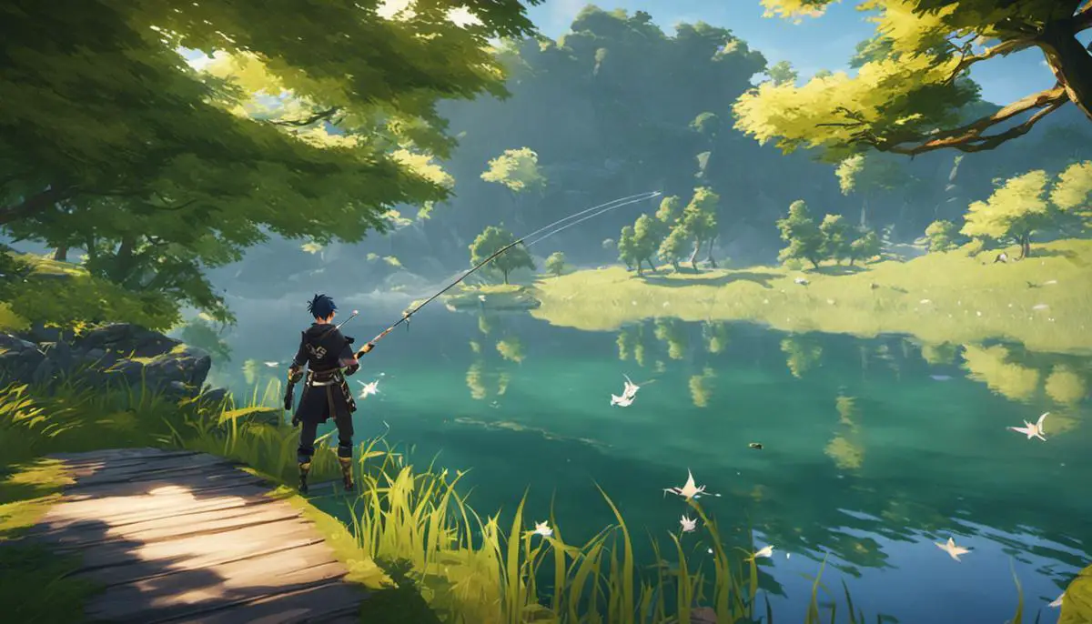 A screenshot of a player fishing in Genshin Impact near a serene lake with lush surroundings.