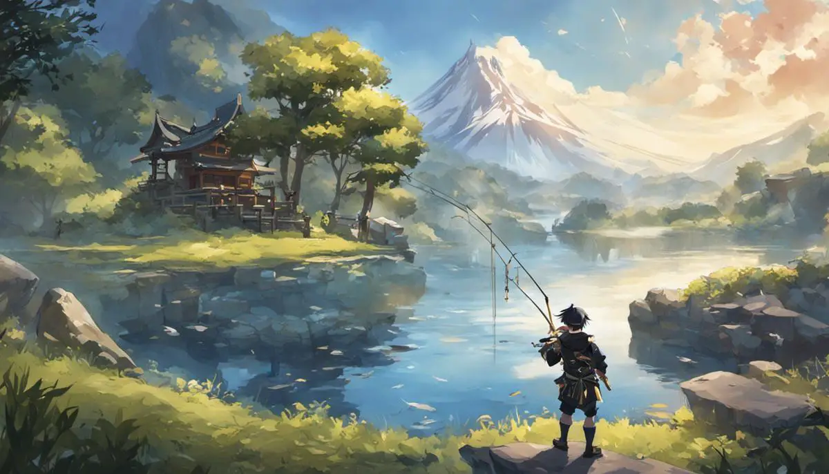 Illustration of a character fishing in Genshin Impact.