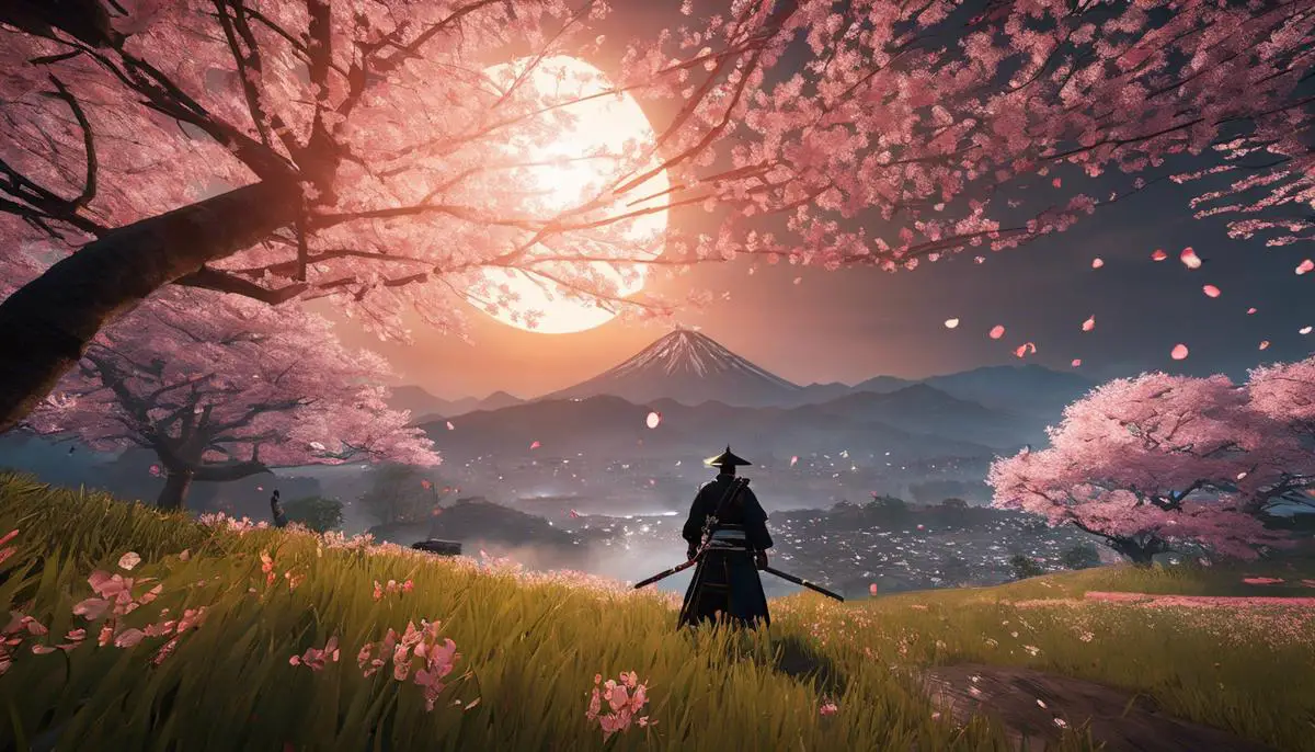 A dramatic moment in Ghost of Tsushima where the protagonist Jin Sakai wields his sword amidst a field of cherry blossom trees.