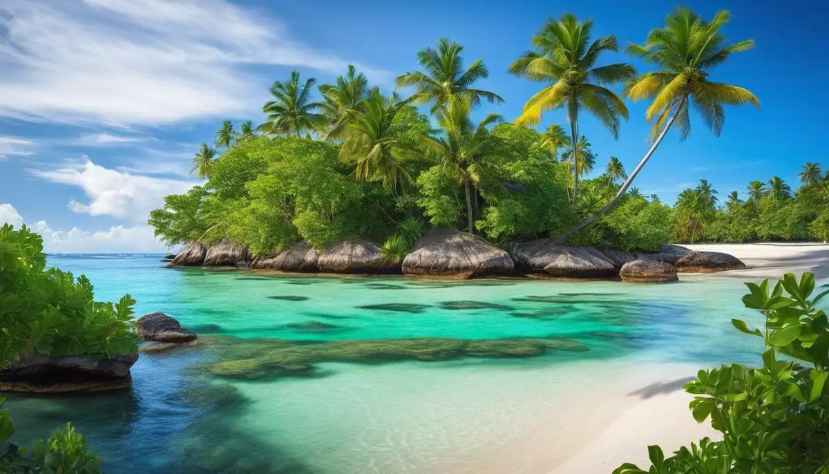 Tropical beach with palm trees, coral reefs, and crystal clear water, inviting to explore Ginger Island