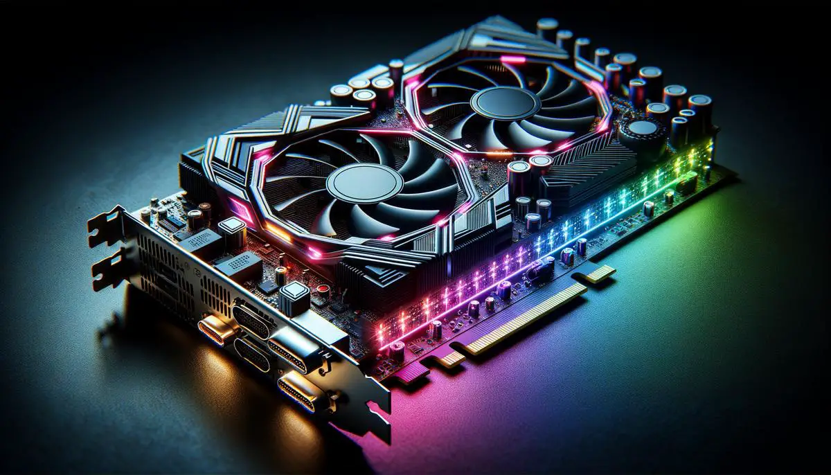 Image description: An image showing a close-up of a computer graphics card with colorful LED lights for customization and tuning options for gaming.