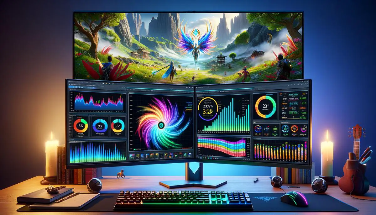 A dual monitor display showing real-time performance metrics while gaming