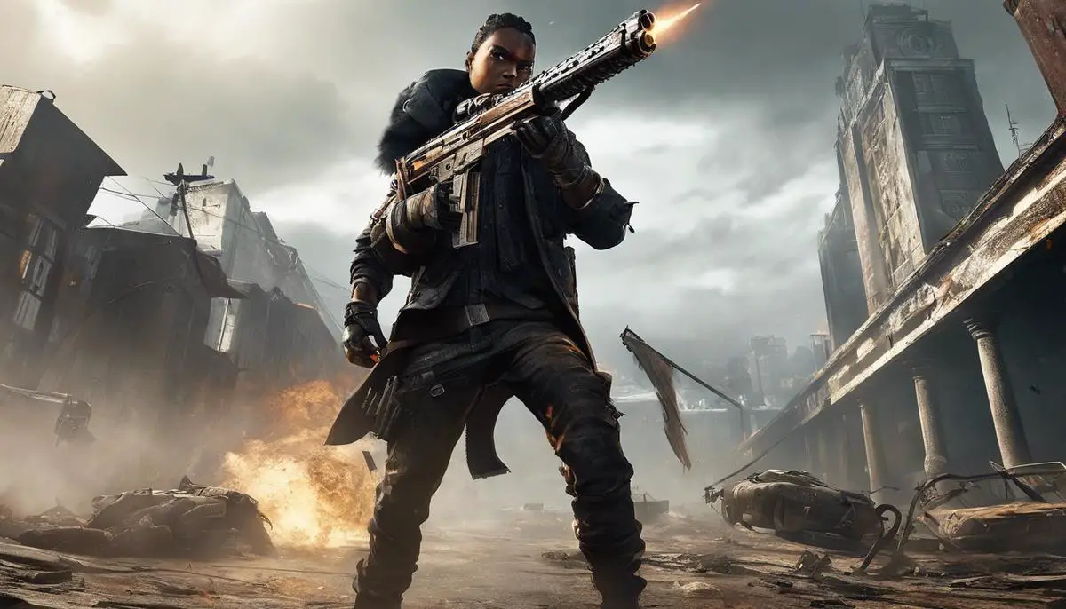 Image description: A fierce-looking character dual-wielding guns in a post-apocalyptic world.