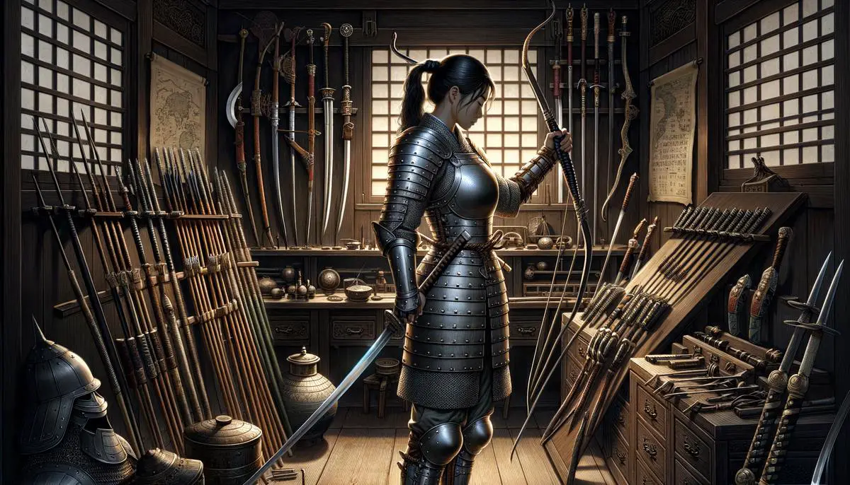 Illustration of a warrior selecting weapons before a battle