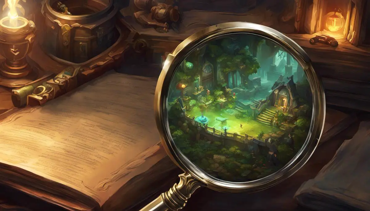 Illustration of a magnifying glass examining a League of Legends game to determine the MMR.