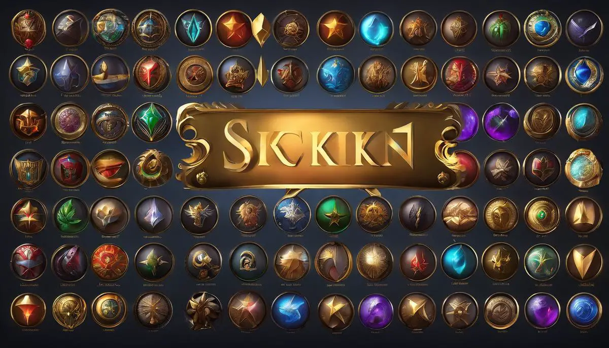 Image of a legendary skin collection with various champion icons on it. Represents the diversity and variety of legendary skins available.