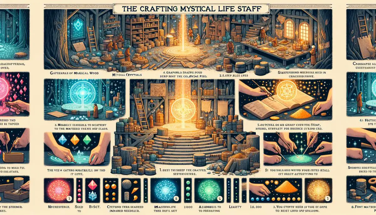 Illustration of crafting a Life Staff in New World, showing materials and crafting process for visually impaired individuals