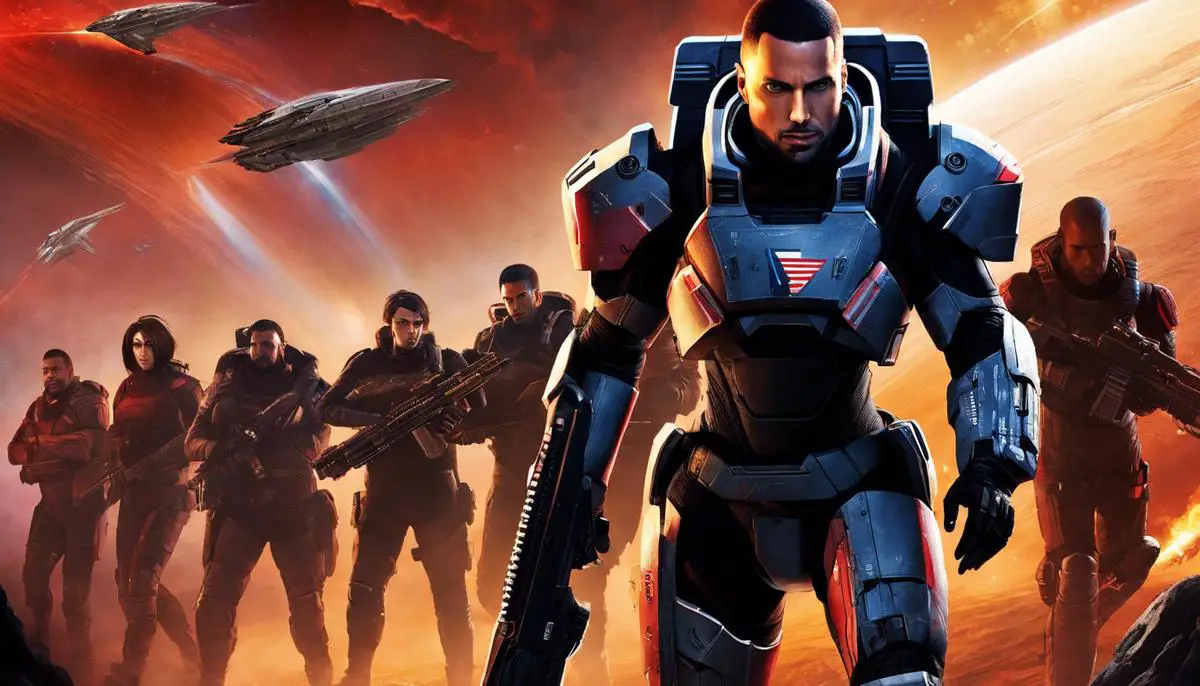 A guidebook cover with an image of Commander Shepard leading a team of diverse mercenaries against a backdrop of cosmic battles.