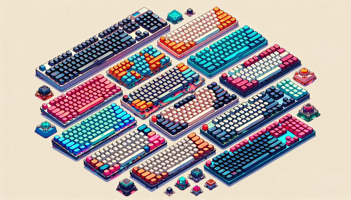 Variety of mechanical keyboards displayed, showcasing different sizes, colors, and key switch options