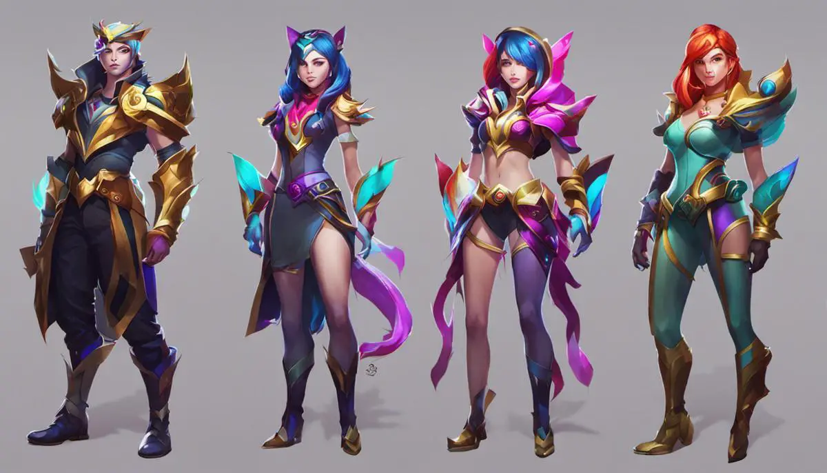Image showcasing different colorful Chromas for League of Legends champions
