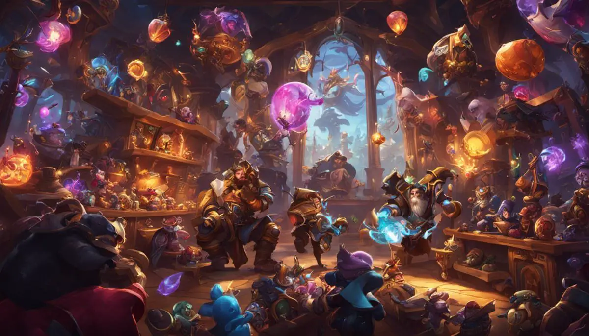 Illustration of a League of Legends character surrounded by various in-game items available in the Essence Emporium.