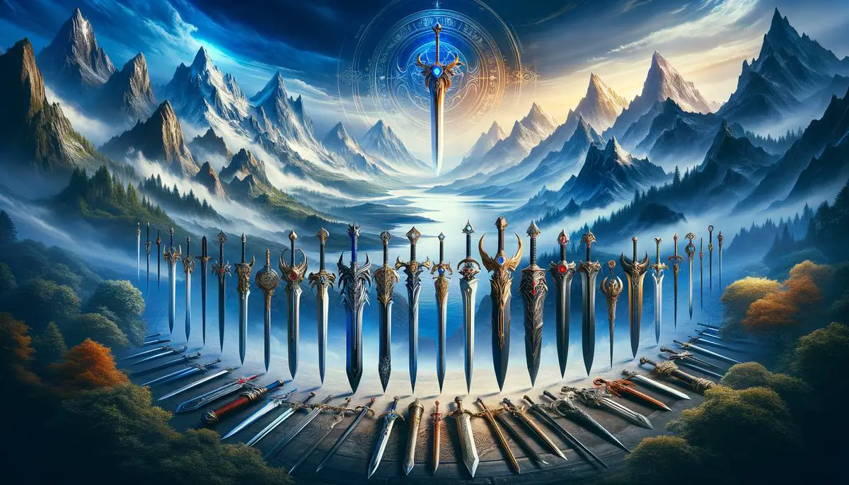 Various legendary swords on a background of epic landscapes. Avoid using words, letters or labels in the image when possible.