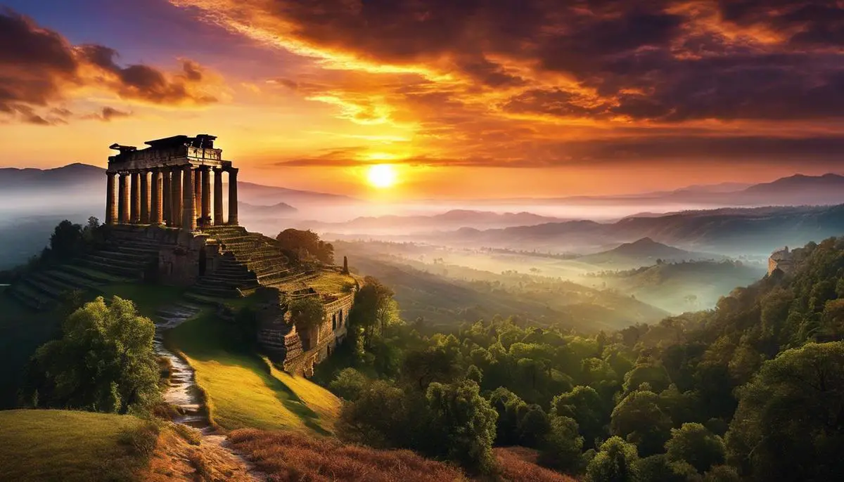 Image depicting a sunset over a mystical landscape with ancient ruins towering over a forested valley