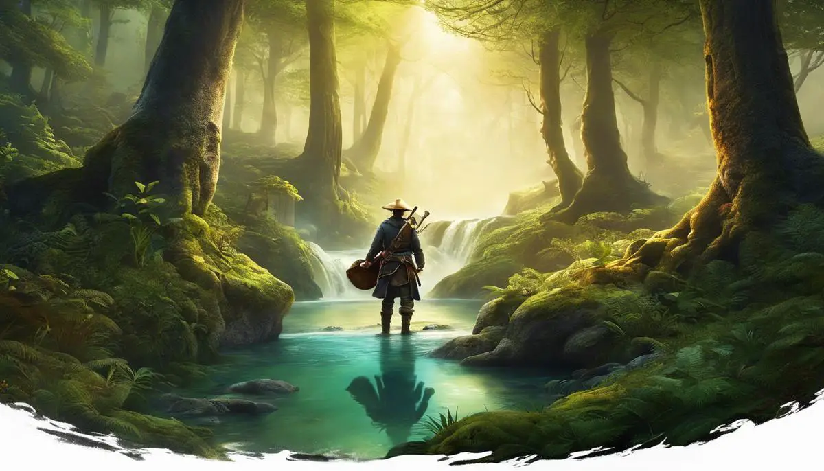 A visually appealing image showing a character exploring a mysterious forest surrounded by zeugles and holding a treasure map.