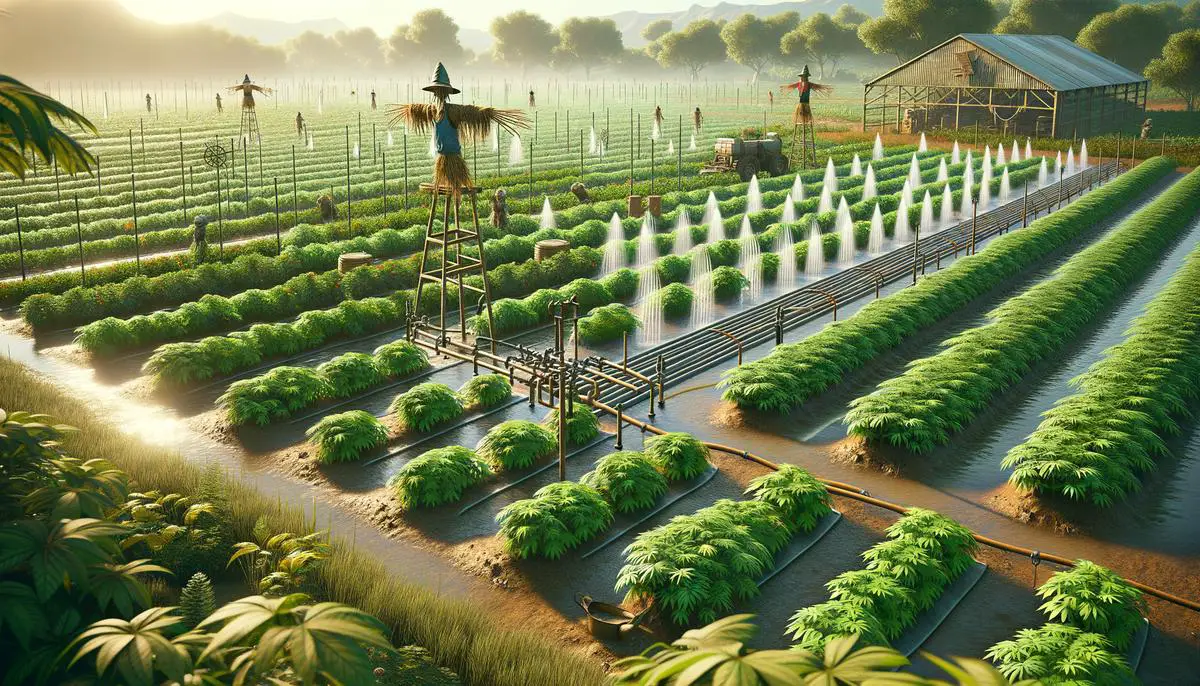 Image description: A thriving Narcoberries farm in ARK: Survival Evolved, showcasing lush green plants in large crop plots with irrigation systems and scarecrows for pest control.