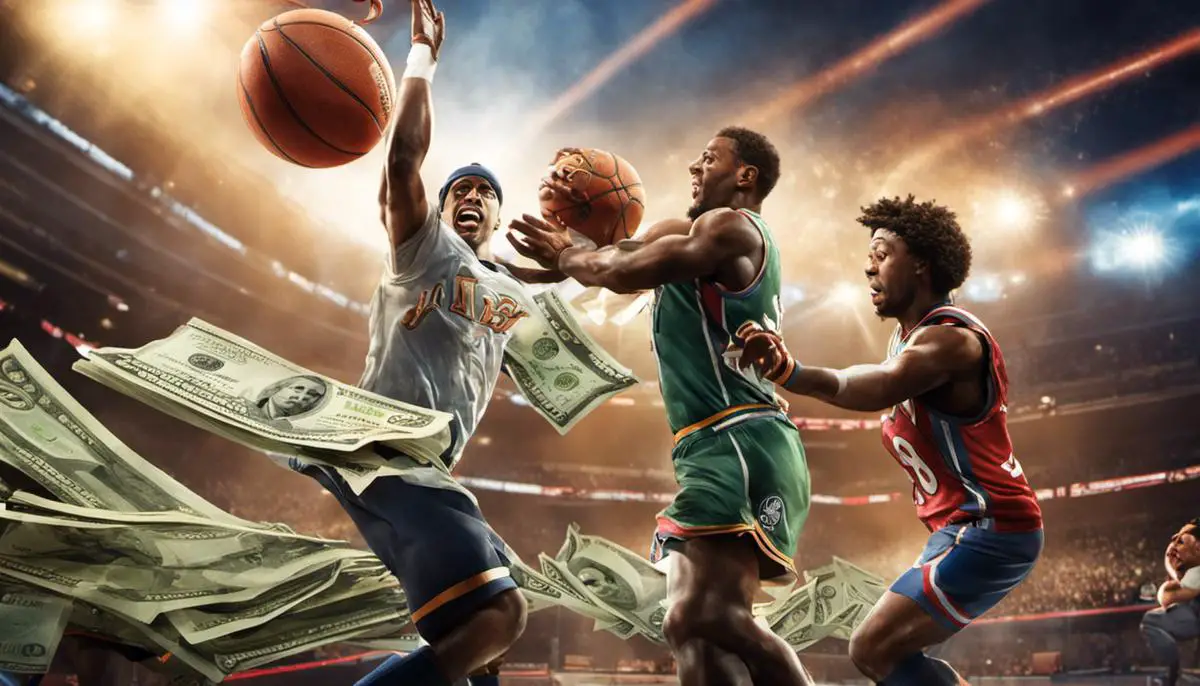 An image depicting the controversy surrounding the pay-to-win model in AAA games, showing two players, one with money falling into their hands while the other struggles to reach it.