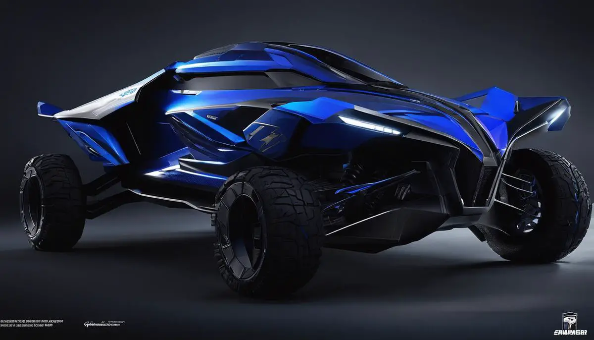 An image of the Phantom Prowler skin showcasing its futuristic aesthetic, dark hues with electric blue accents, and intricate detailing.