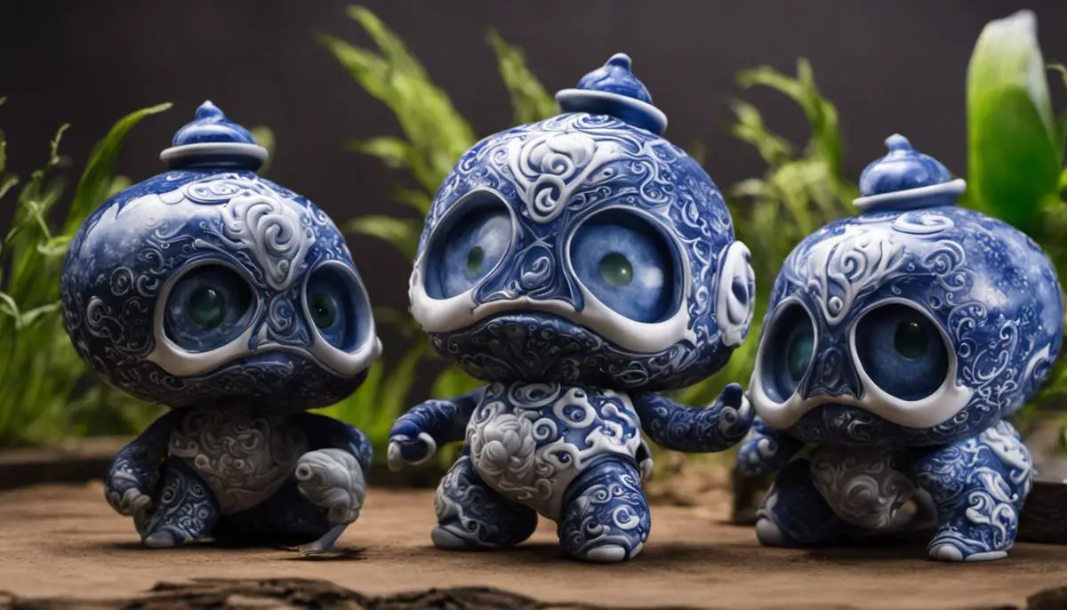 Porcelain Amumu Skin Overview - The image depicts the Porcelain Amumu skin, showing Amumu as a delicate piece of porcelain with intricate blue designs. Amumu sits alone on a shelf filled with dusty china vessels and long-deceased plants.