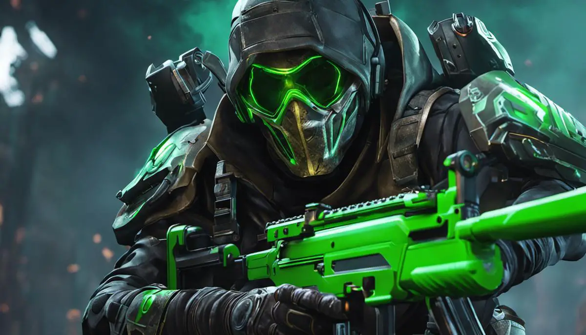 A close-up image of the 'Dark Fright' skin for the Prowler Burst PDW in Apex Legends, featuring haunting green 'ghost faces' and striking design elements.