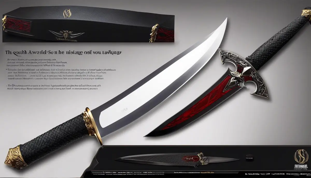 A visually impaired description of the image: The Quickfang is shown in the image, a sleek and deadly sword with a unique design and minimalistic elegance.