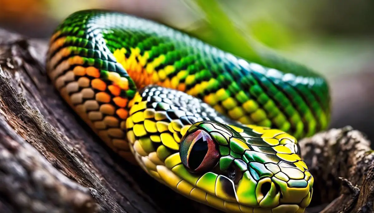 A close-up image of a colorful snake curled up on a branch.