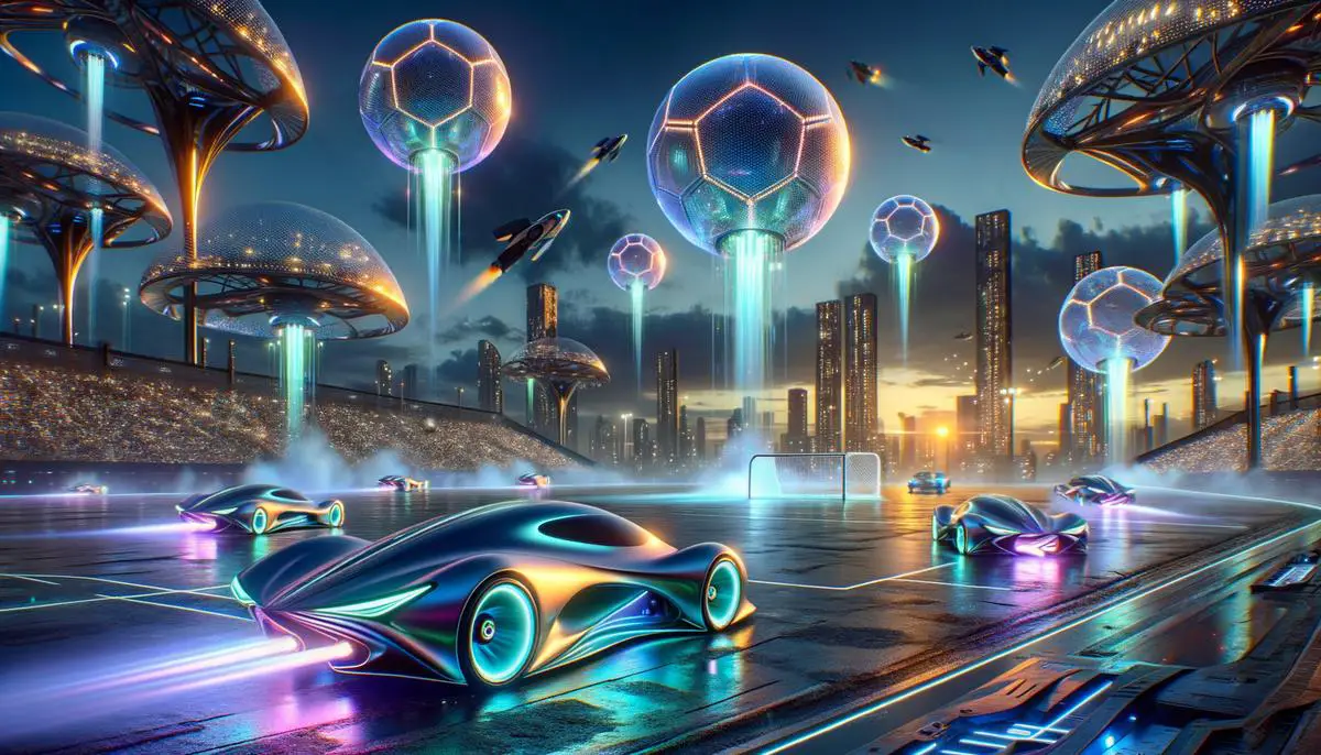 A futuristic scene with cars playing soccer, depicting the essence of Rocket League Sideswipe