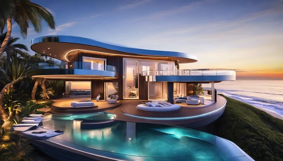 A luxurious sci-fi inspired beach house with advanced smart home technology, high-tech security systems, and renewable energy solutions.