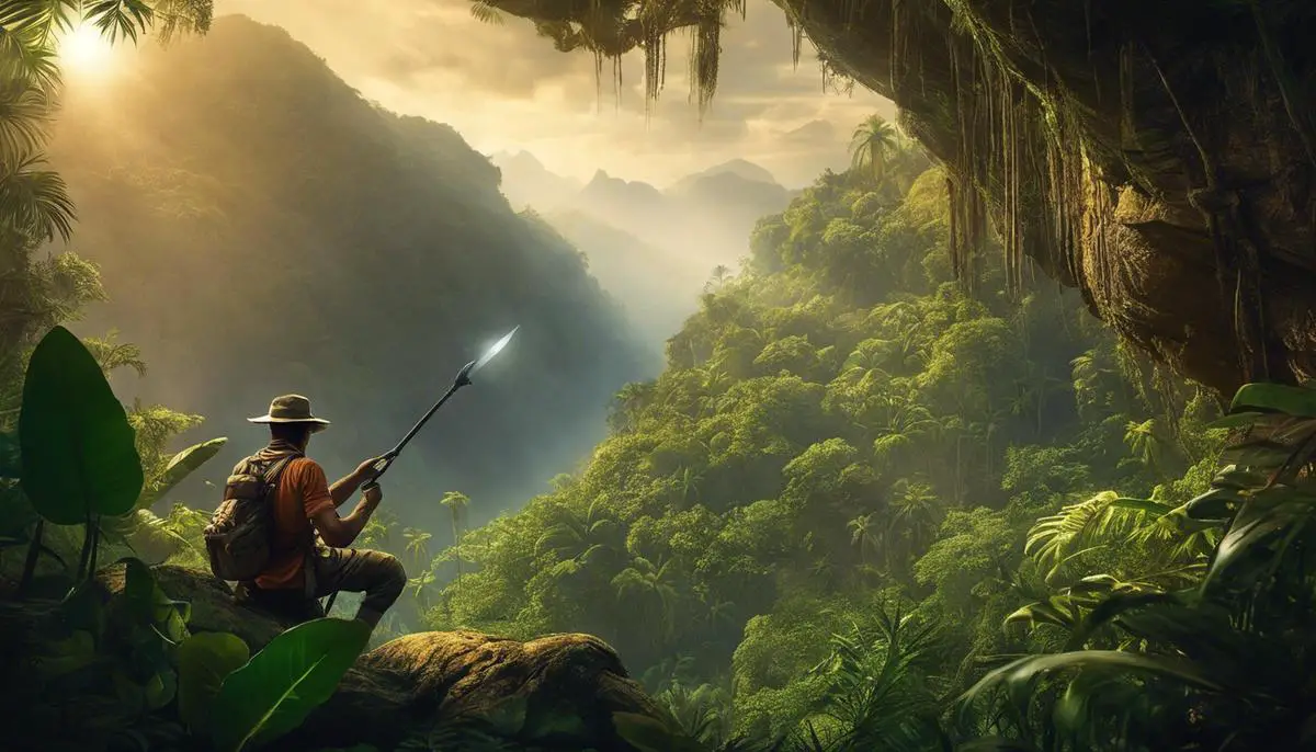 An image of an adventurer uncovering a hidden treasure while exploring a jungle