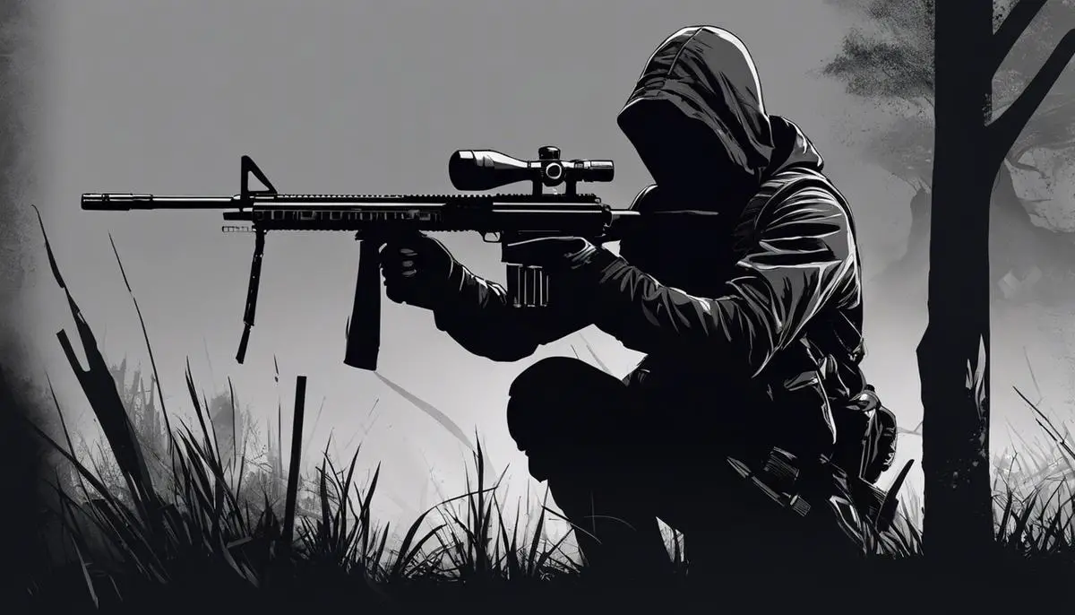 Illustration of a stealthy figure with a rifle, wearing all black and blending with shadows, representing the concept of silent assassins and the tips shared in the text.