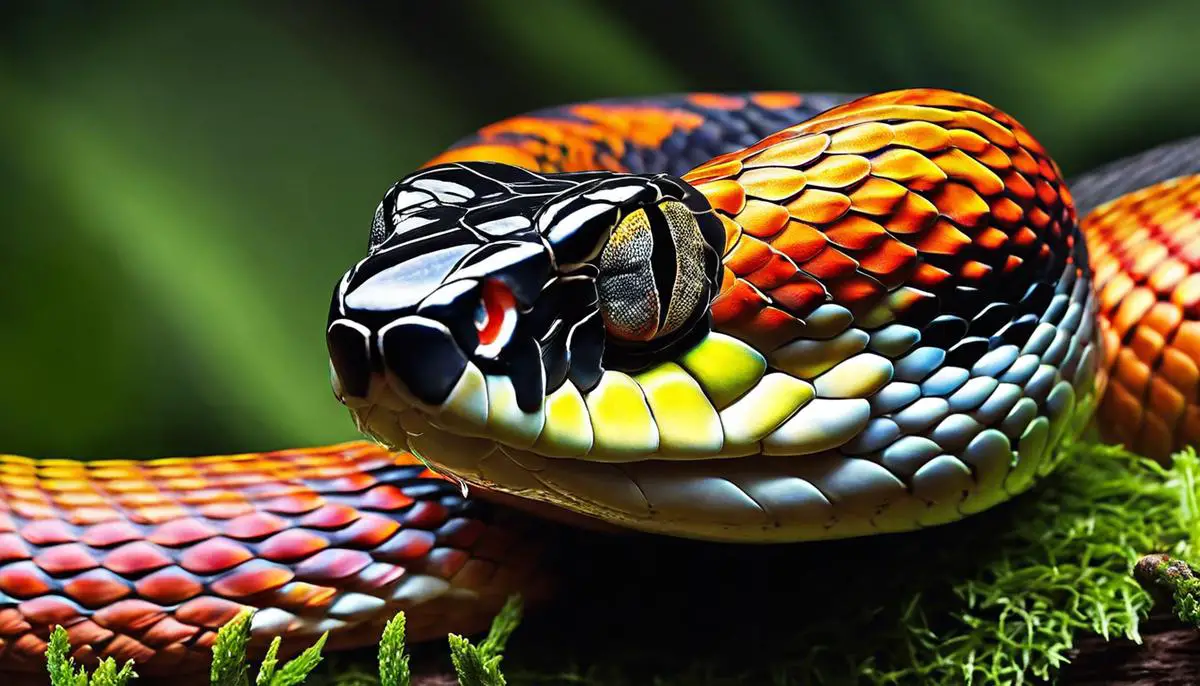 A close-up image of a colorful pet snake coiled around a branch.