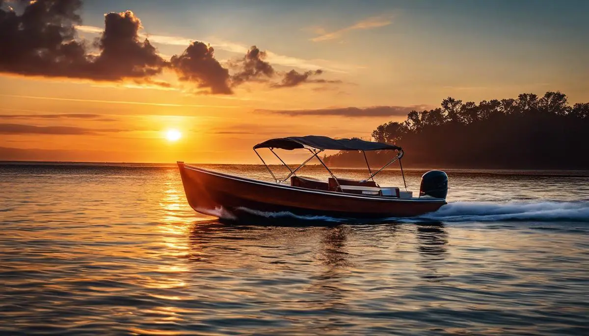 Image description: A picture of a boat floating on the calm waters with the sun setting in the background.